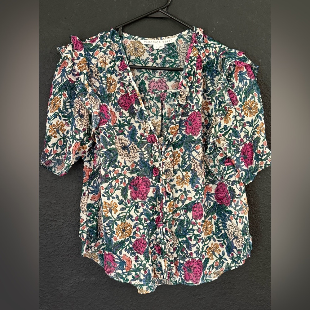 Veronica Beard Gwendoline Floral Silk Top Blouse Shirt Ruffles Button-6 - Picture 3 of 13